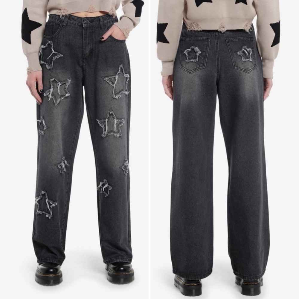 Hot Topic Black frayed Star Patch Wide Leg Baggy Jeans M Grunge Y2K